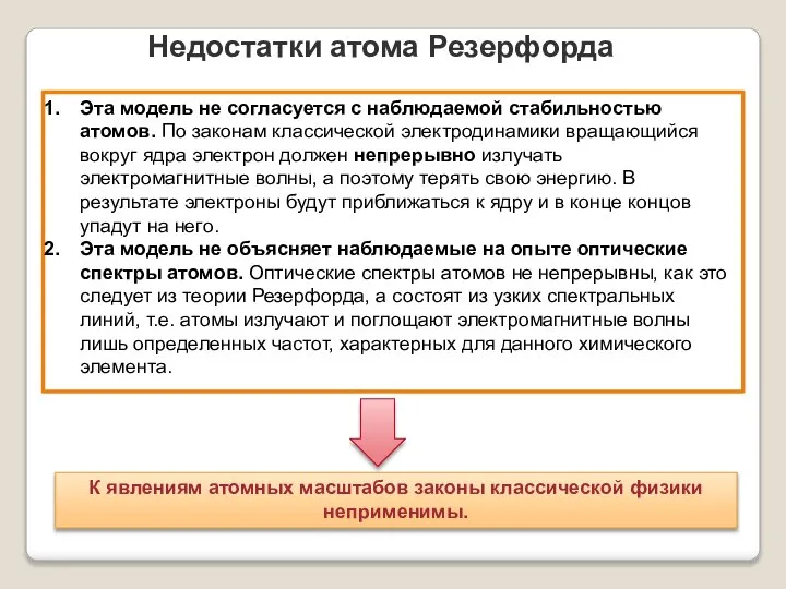 Недостатки атома Резерфорда Эта модель не согласуется с наблюдаемой стабильностью атомов. По