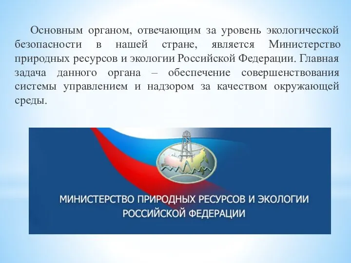 Основным органом, отвечающим за уровень экологической безопасности в нашей стране, является Министерство