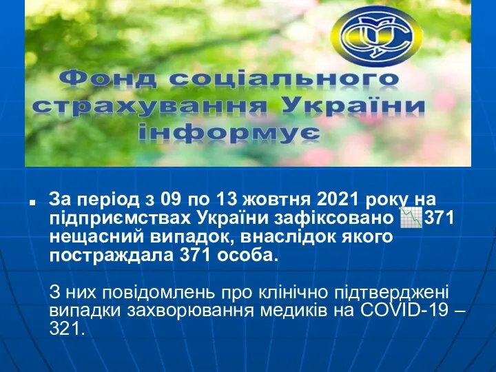 За період з 09 по 13 жовтня 2021 року на підприємствах України