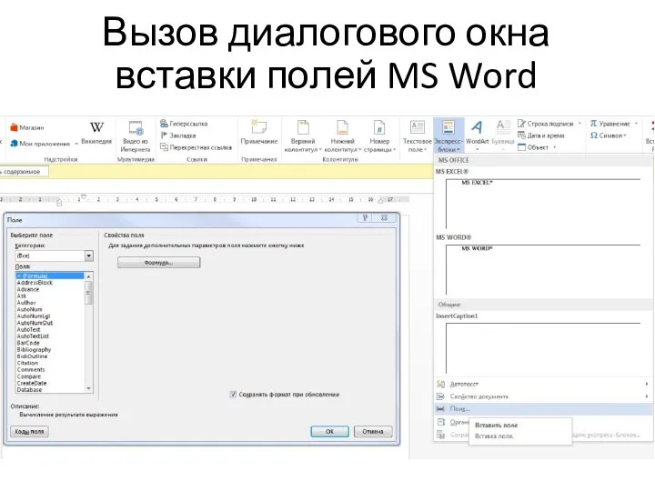 Вызов диалогового окна вставки полей MS Word
