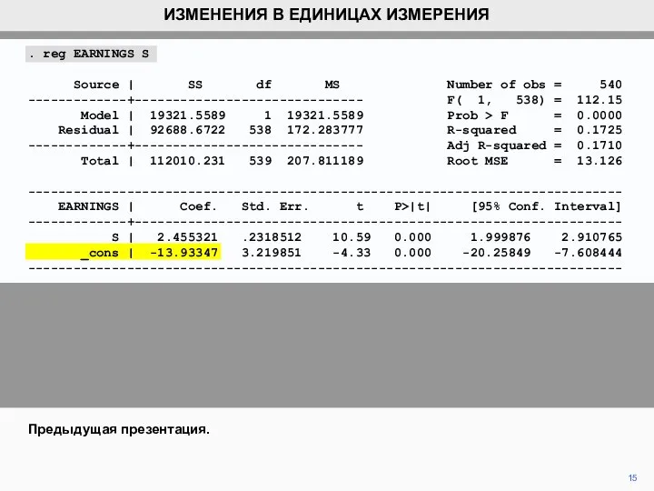 15 ИЗМЕНЕНИЯ В ЕДИНИЦАХ ИЗМЕРЕНИЯ Предыдущая презентация. . reg EARNINGS S Source