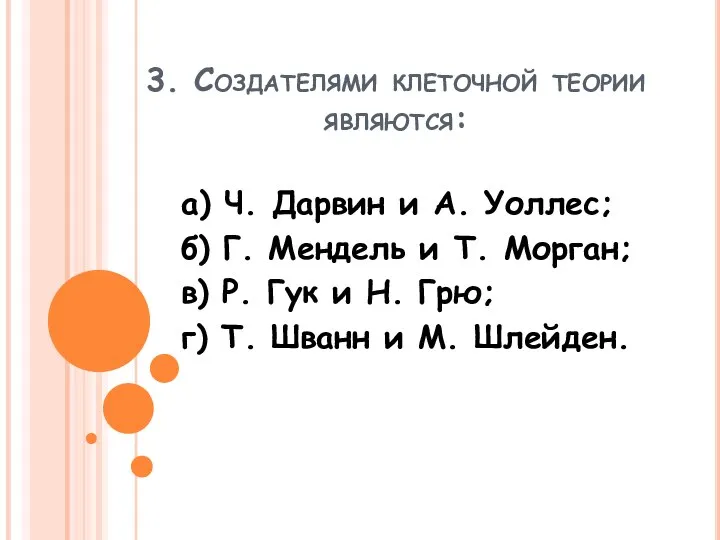 3. Создателями клеточной теории являются: а) Ч. Дарвин и А. Уоллес; б)