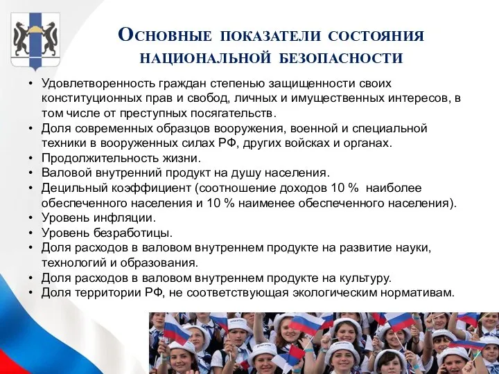 Основные показатели состояния национальной безопасности Удовлетворенность граждан степенью защищенности своих конституционных прав