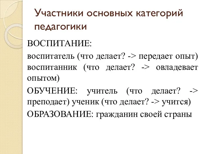 Участники основных категорий педагогики ВОСПИТАНИЕ: воспитатель (что делает? -> передает опыт) воспитанник