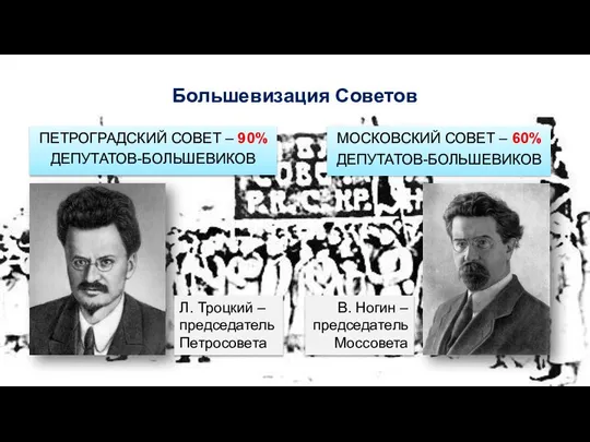 Большевизация Советов ПЕТРОГРАДСКИЙ СОВЕТ – 90% ДЕПУТАТОВ-БОЛЬШЕВИКОВ МОСКОВСКИЙ СОВЕТ – 60% ДЕПУТАТОВ-БОЛЬШЕВИКОВ