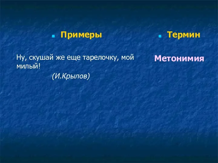 Примеры Ну, скушай же еще тарелочку, мой милый! (И.Крылов) Термин Метонимия