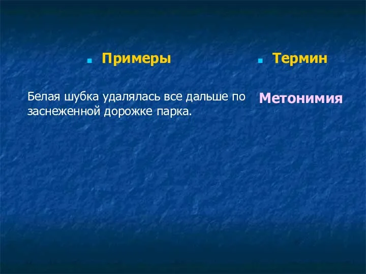 Примеры Белая шубка удалялась все дальше по заснеженной дорожке парка. Термин Метонимия