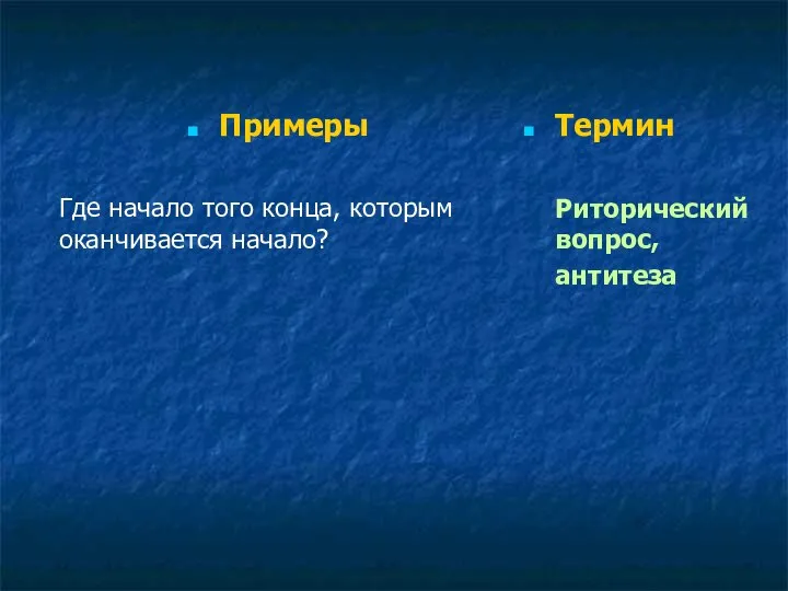 Примеры Где начало того конца, которым оканчивается начало? Термин Риторический вопрос, антитеза