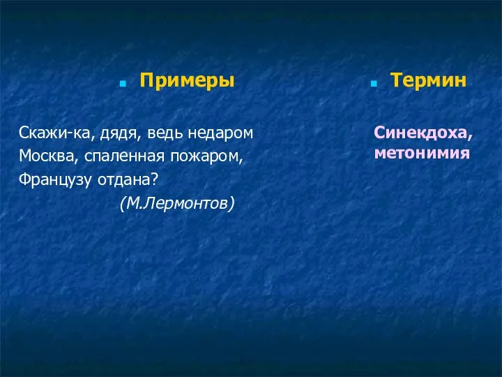 Примеры Скажи-ка, дядя, ведь недаром Москва, спаленная пожаром, Французу отдана? (М.Лермонтов) Термин Синекдоха, метонимия