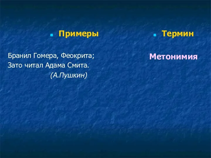 Примеры Бранил Гомера, Феокрита; Зато читал Адама Смита. (А.Пушкин) Термин Метонимия