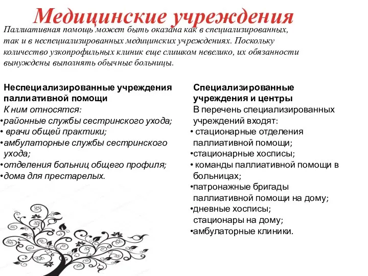 Паллиативная помощь может быть оказана как в специализированных, так и в неспециализированных