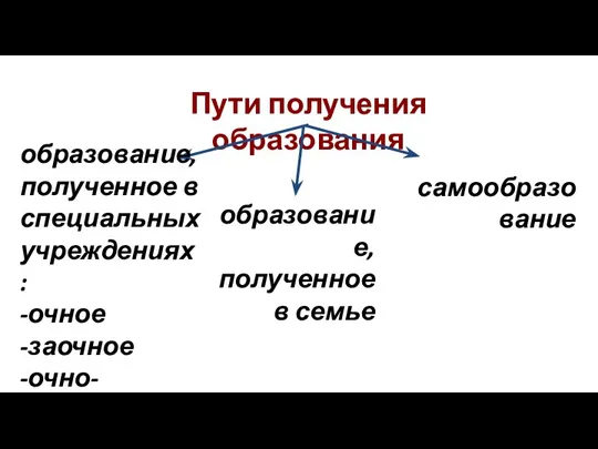 Пути получения образования образование, полученное в специальных учреждениях: -очное -заочное -очно-заочное образование, полученное в семье самообразование