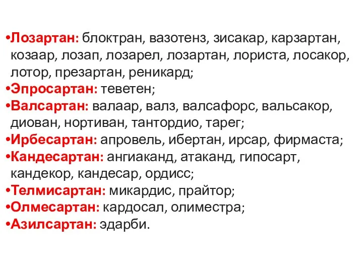 Лозартан: блоктран, вазотенз, зисакар, карзартан, козаар, лозап, лозарел, лозартан, лориста, лосакор, лотор,