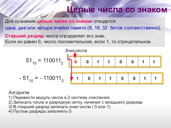 Для хранения целых чисел со знаком отводится одна, две или четыре ячейки