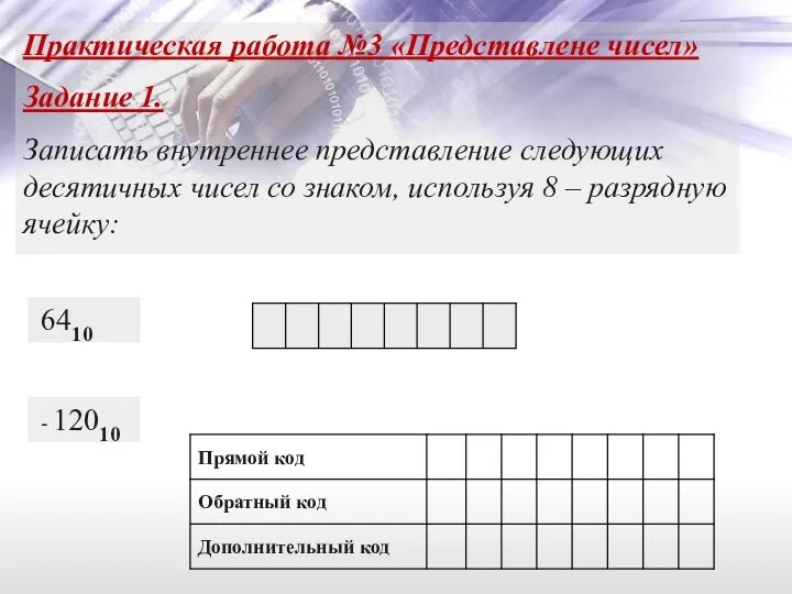 Практическая работа №3 «Представлене чисел» Задание 1. Записать внутреннее представление следующих десятичных