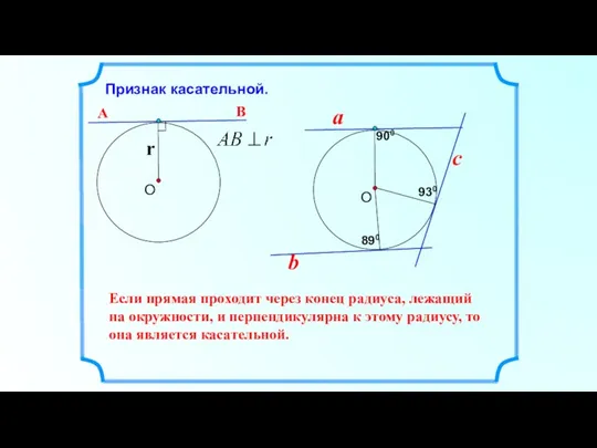 Признак касательной. О r Если прямая проходит через конец радиуса, лежащий на