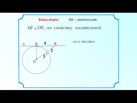 А В О АВ – касательная. Блиц-опрос 3 2 3 К С 4 ОС=3, СВ=2,КВ=4