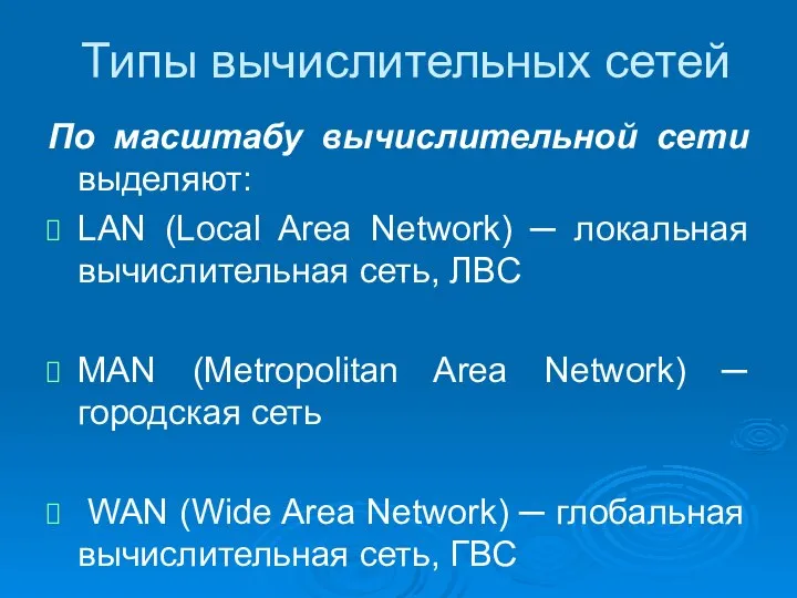 Типы вычислительных сетей По масштабу вычислительной сети выделяют: LAN (Local Area Network)