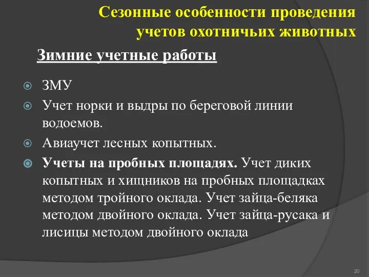 Сезонные особенности проведения учетов охотничьих животных ЗМУ Учет норки и выдры по