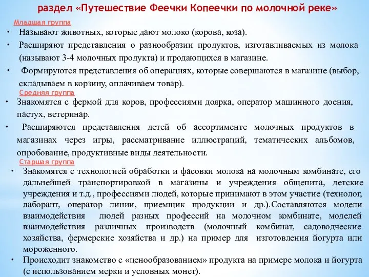 раздел «Путешествие Феечки Копеечки по молочной реке» Младшая группа Называют животных, которые