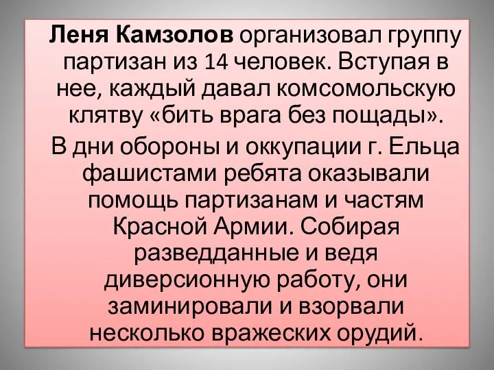 Леня Камзолов организовал группу партизан из 14 человек. Вступая в нее, каждый