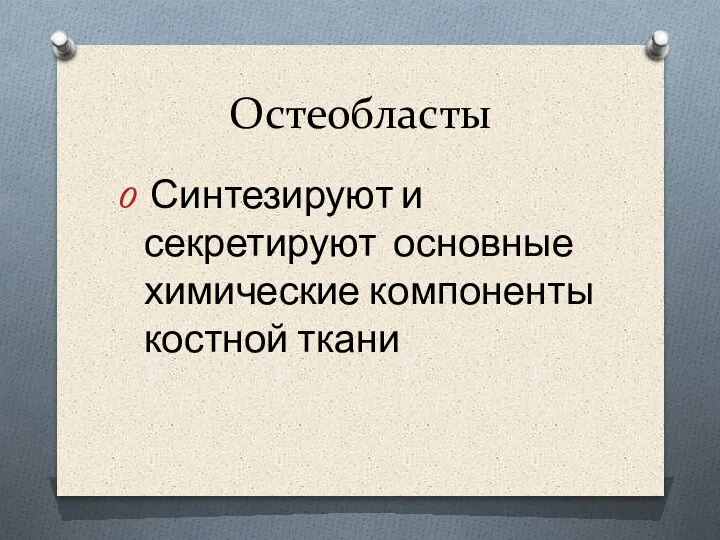 Остеобласты Синтезируют и секретируют основные химические компоненты костной ткани