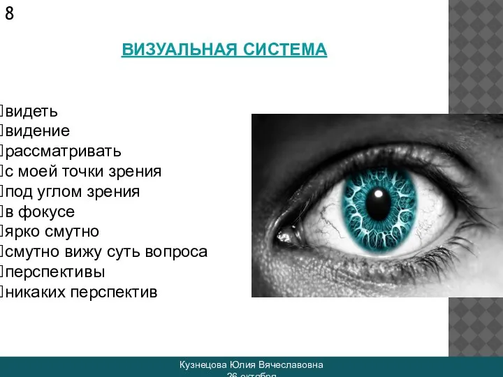 Кузнецова Юлия Вячеславовна 26 октября 8 ВИЗУАЛЬНАЯ СИСТЕМА видеть видение рассматривать с