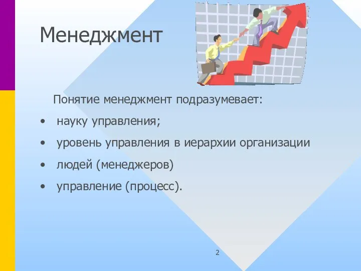 Менеджмент Понятие менеджмент подразумевает: науку управления; уровень управления в иерархии организации людей (менеджеров) управление (процесс).