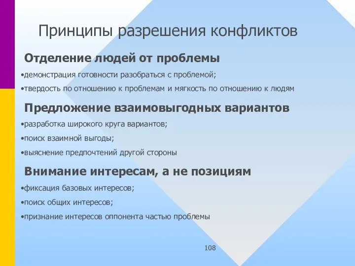 Принципы разрешения конфликтов Отделение людей от проблемы демонстрация готовности разобраться с проблемой;