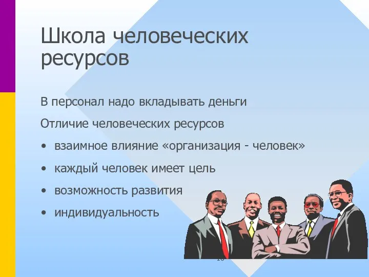 Школа человеческих ресурсов В персонал надо вкладывать деньги Отличие человеческих ресурсов взаимное