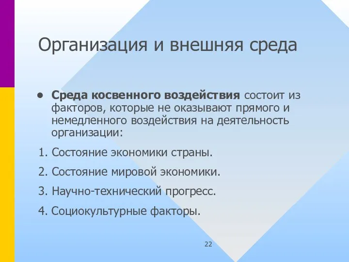 Организация и внешняя среда Среда косвенного воздействия состоит из факторов, которые не