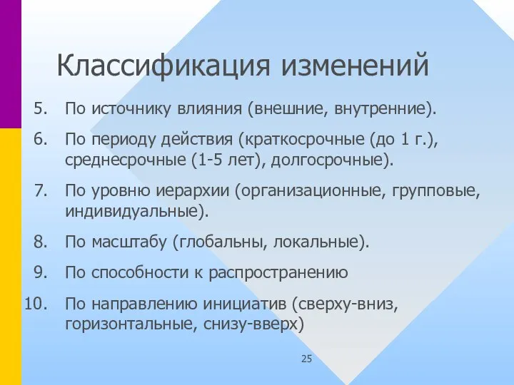 Классификация изменений По источнику влияния (внешние, внутренние). По периоду действия (краткосрочные (до