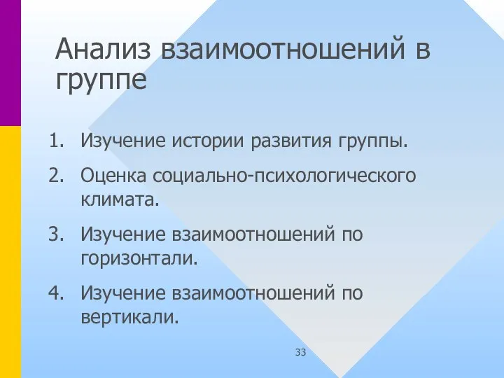 Анализ взаимоотношений в группе Изучение истории развития группы. Оценка социально-психологического климата. Изучение