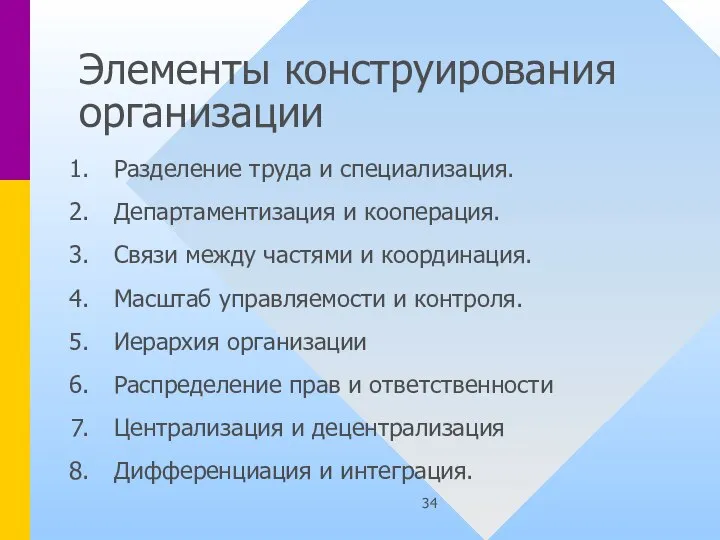 Элементы конструирования организации Разделение труда и специализация. Департаментизация и кооперация. Связи между