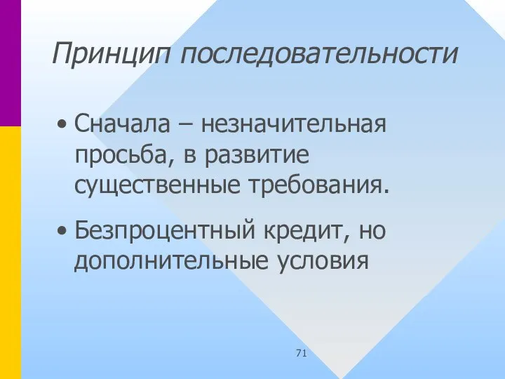 Принцип последовательности Сначала – незначительная просьба, в развитие существенные требования. Безпроцентный кредит, но дополнительные условия