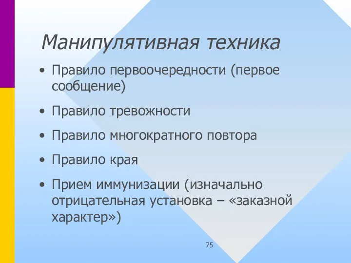 Манипулятивная техника Правило первоочередности (первое сообщение) Правило тревожности Правило многократного повтора Правило