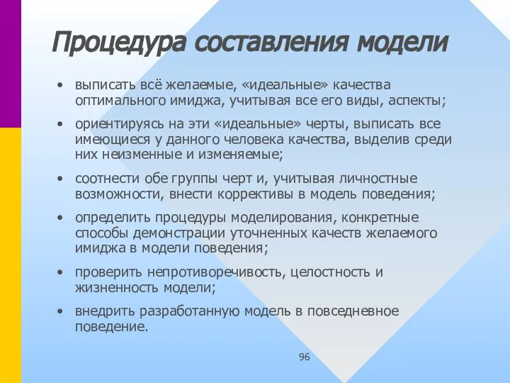 Процедура составления модели выписать всё желаемые, «идеальные» качества оптимального имиджа, учитывая все