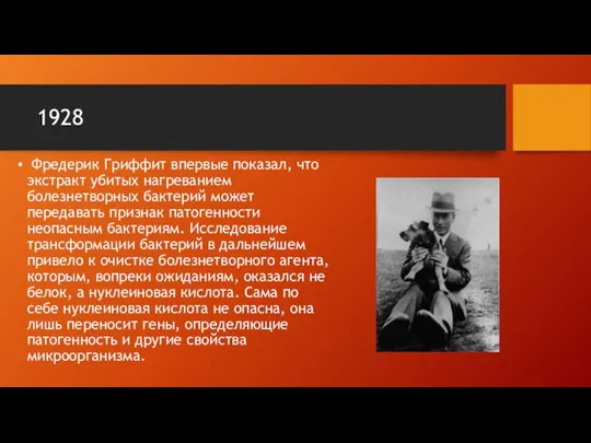 1928 Фредерик Гриффит впервые показал, что экстракт убитых нагреванием болезнетворных бактерий может