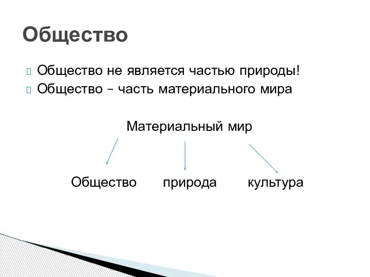 Общество не является частью природы! Общество – часть материального мира Материальный мир Общество природа культура Общество