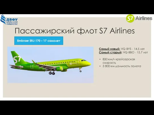 Пассажирский флот S7 Airlines Embraer ERJ-170 – 17 самолет Самый новый: VQ-BYS