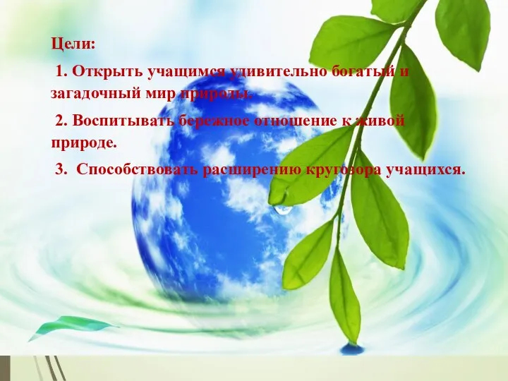 Цели: 1. Открыть учащимся удивительно богатый и загадочный мир природы. 2. Воспитывать