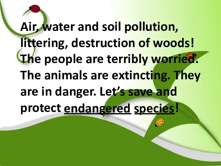 Air, water and soil pollution, littering, destruction of woods! The people are