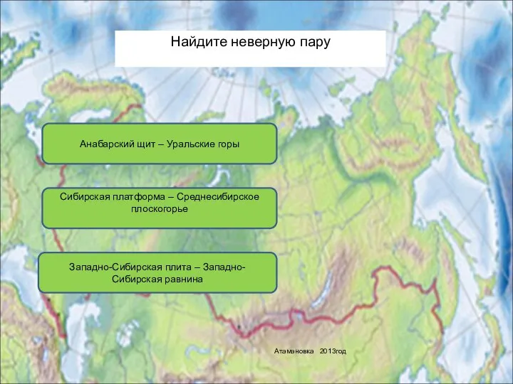 Найдите неверную пару Анабарский щит – Уральские горы Сибирская платформа – Среднесибирское