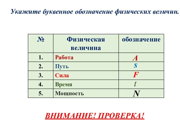 Укажите буквенное обозначение физических величин. А F s t N ВНИМАНИЕ! ПРОВЕРКА!