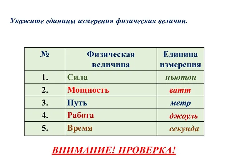 Укажите единицы измерения физических величин. ньютон ватт метр джоуль секунда ВНИМАНИЕ! ПРОВЕРКА!