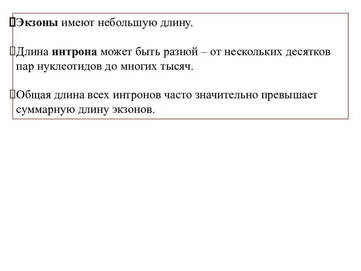 Экзоны имеют небольшую длину. Длина интрона может быть разной – от нескольких