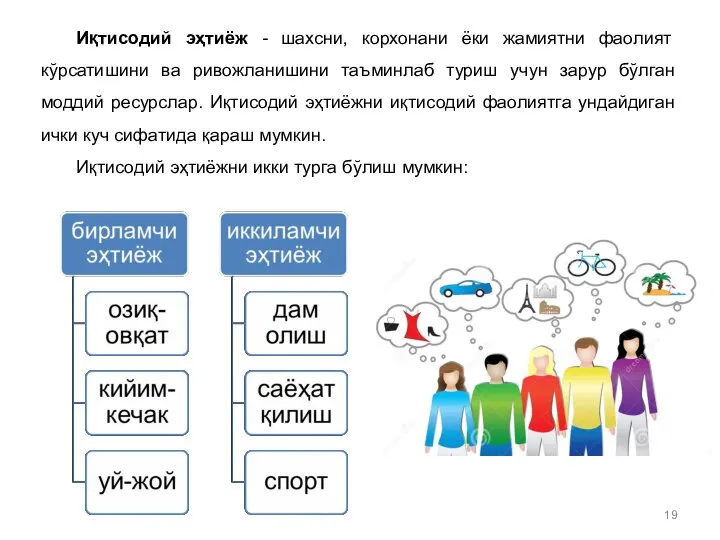 Иқтисодий эҳтиёж - шахсни, корхонани ёки жамиятни фаолият кўрсатишини ва ривожланишини таъминлаб