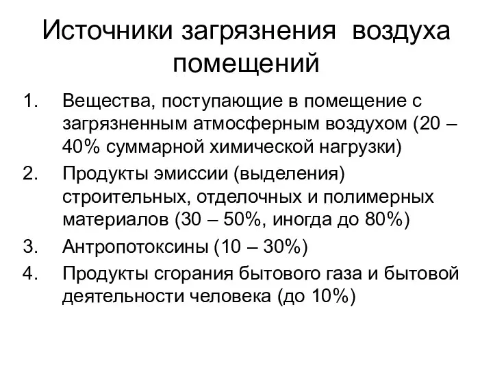 Источники загрязнения воздуха помещений Вещества, поступающие в помещение с загрязненным атмосферным воздухом