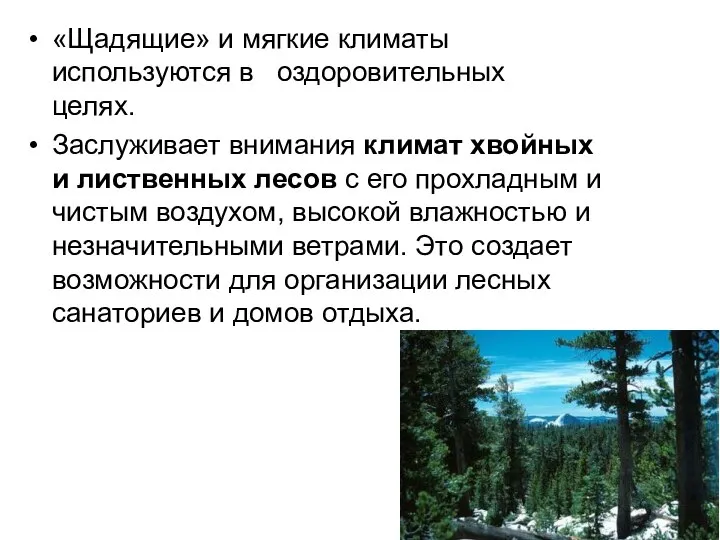 «Щадящие» и мягкие климаты используются в оздоровительных целях. Заслуживает внимания климат хвойных