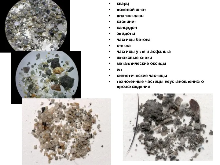 кварц полевой шпат плагиоклазы каолинит халцедон эпидоты частицы бетона стекла частицы угля